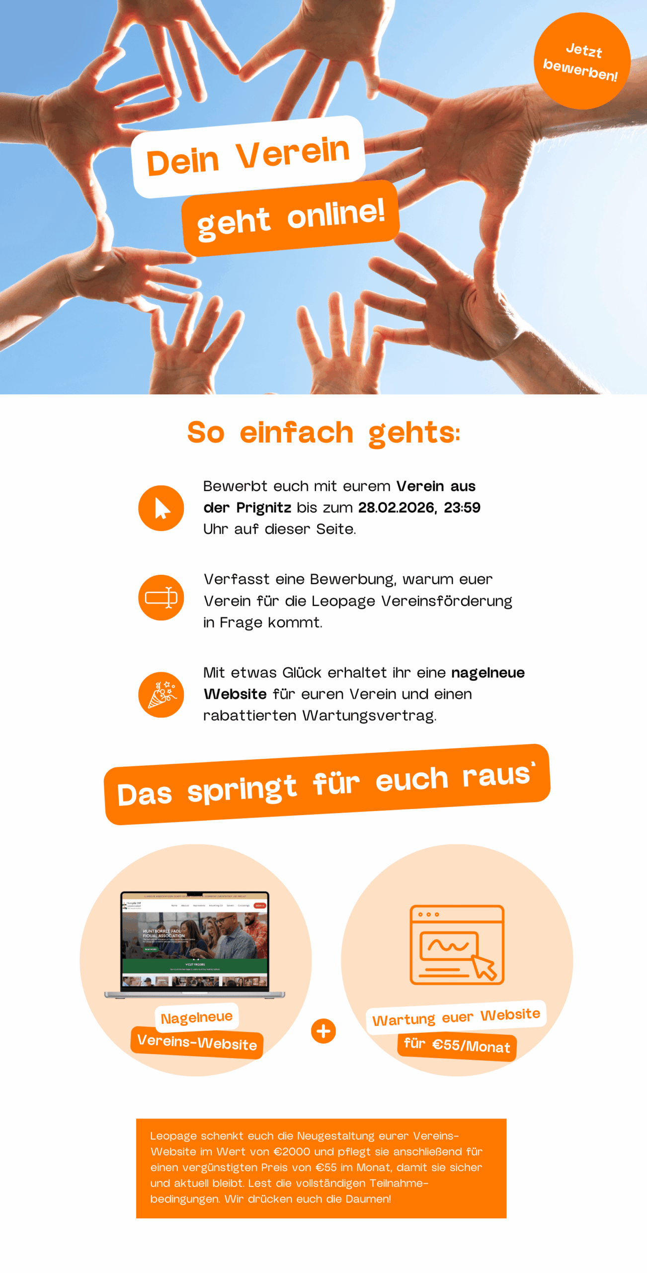 An information flyer with orange accents explains how clubs can apply for support for their website online until 28.02.2026. It highlights the advantages: a website for the association and discounted maintenance of the website.